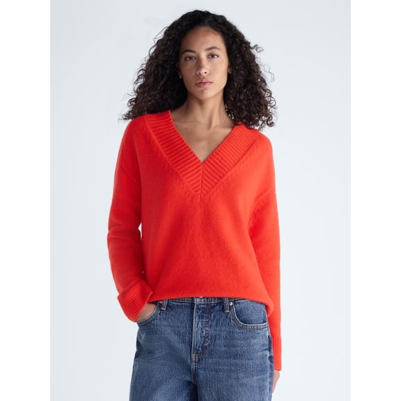 Free Assembly Women's Deep V-Neck Sweater with Long Sleeves, Midweight, Sizes XS-XXL