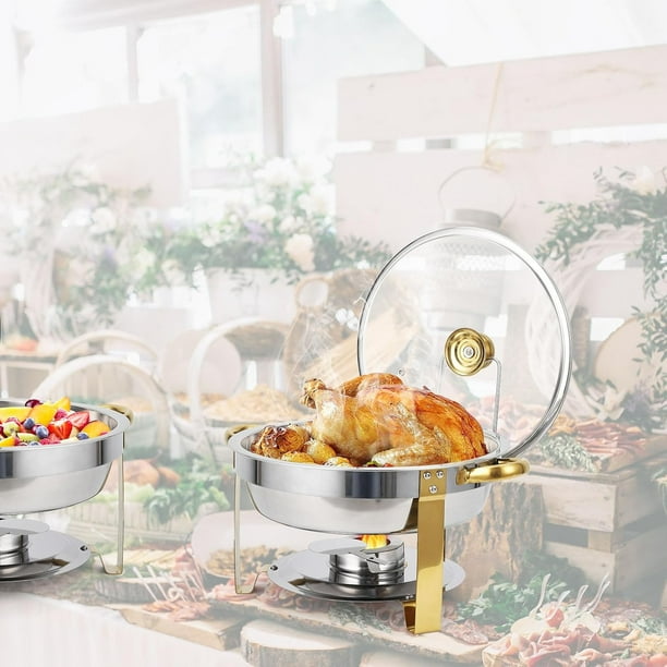 Historyli Juego de 4 platos de acero inoxidable para buffet, 5 cuartos de galón, redondos, con soporte para tapa y tapa de cristal, para fiestas, bodas, camping y cenas. Borde dorado.