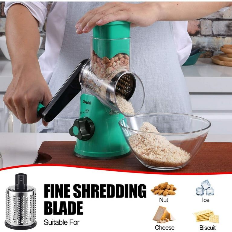 GDL Rotary Cheese Grater Handheld Vegetable Mandoline Slicer Easy Cleaning Kitchen Cheese Grater Shredder with 3 Drum Blades, Green