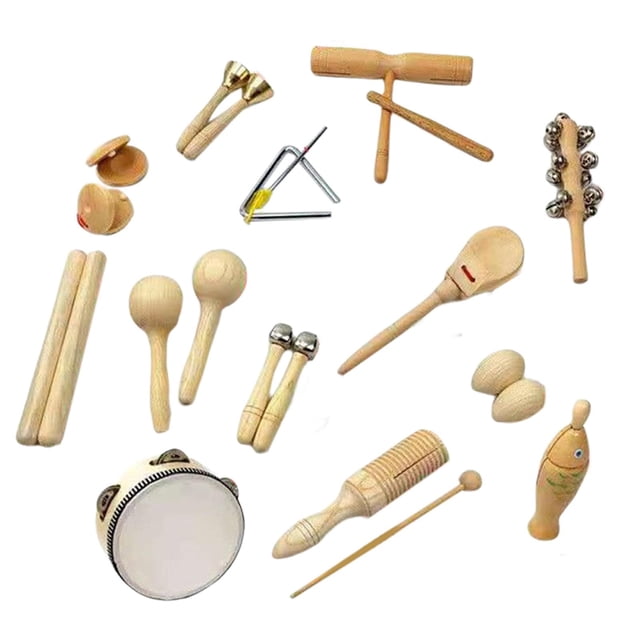 MERIGLARE 13 Pieces Baby Musical Instrument Toy Set Castanet Sand Hammer Wooden Rattle