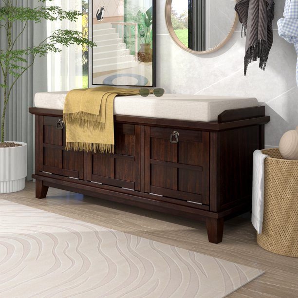 TREXM Upholstered Storage Bench with 3 Drop Down Storage Doors for