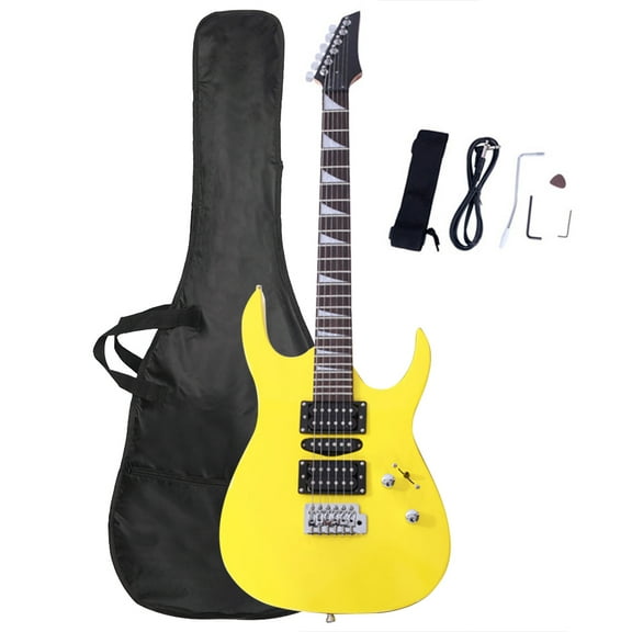 Novice Entry Level 170 Guitar HSH Pickup Bag Strap Paddle Rocker Cable Wrench Tool Yellow