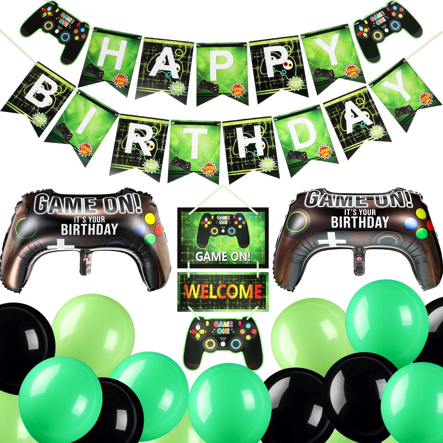 42 Pieces Video Game Party Supplies Happy Birthday Gaming Banner Hanging Paper Fans Centerpiece Table Decorations Video Game Controller Balloons Game Themed Hanging Swirls Colorful Balloons for Party Favors 
