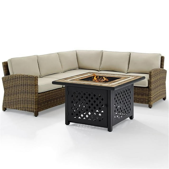 Afuera Living 4-Piece Wicker / Rattan Fire Pit Sectional Set in Sand/Brown