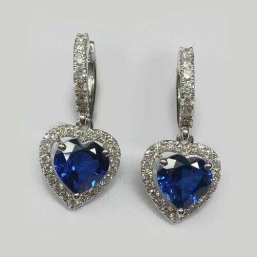 Rag Jewels 925 Sterling Silver 2.00 Ctw Heart Cut Sapphire & Diamond Engagement Wedding Tanksgiving Drop Dangle Earring's 14K White Gold Plated For Women's