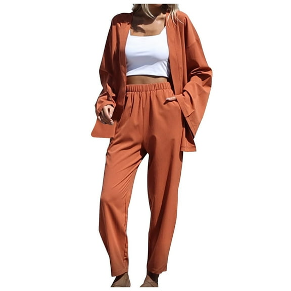 BLVB Women's 2 Piece Lounge Sets Solid Color Open Front Long Sleeve Cardigan Loose Long Pants Casual Fall Outfits