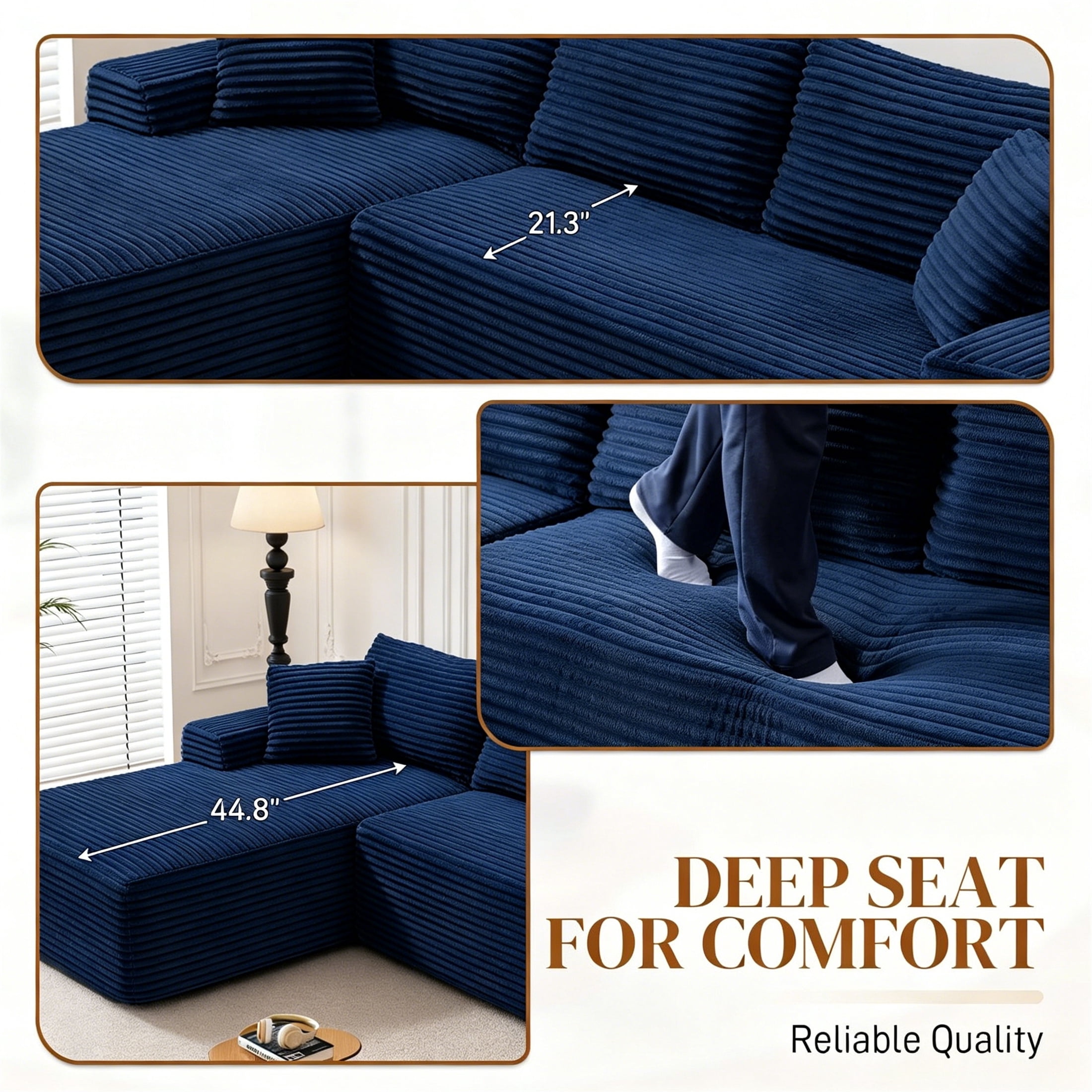 Aukfa 96" Cloud Sectional Sofa Deep Seat Boneless Couch Modular L-Shaped Couch, Right Chaise Corduroy Sofa for Living Room, Blue
