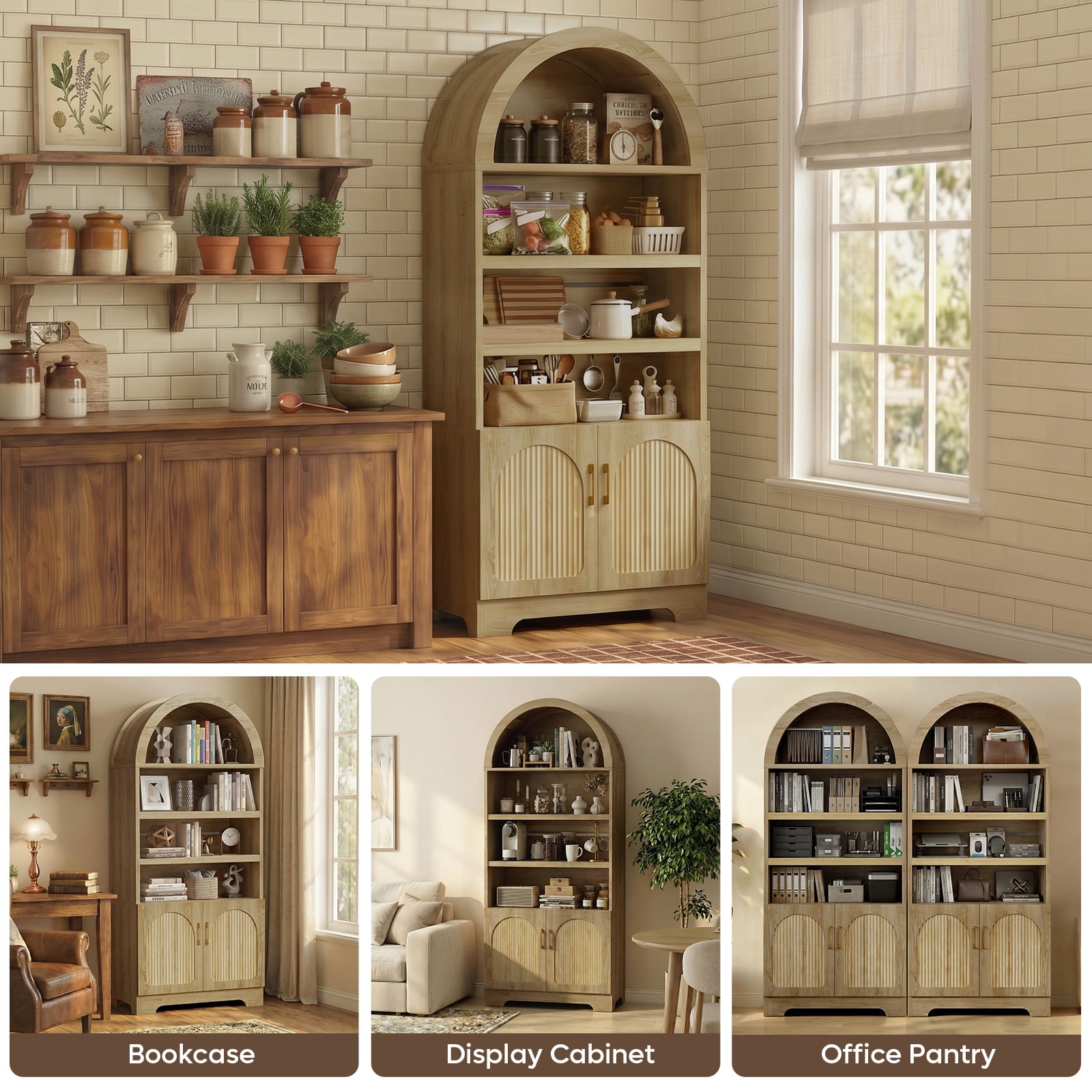 Bestier 4-Tier Arched Bookshelves with 3 Adjustable Shelves & 2 Doors, 71" Tall Kitchen Pantry Storage Cabinet, Display Shelf with Storage for Living Room Home Office, Oak