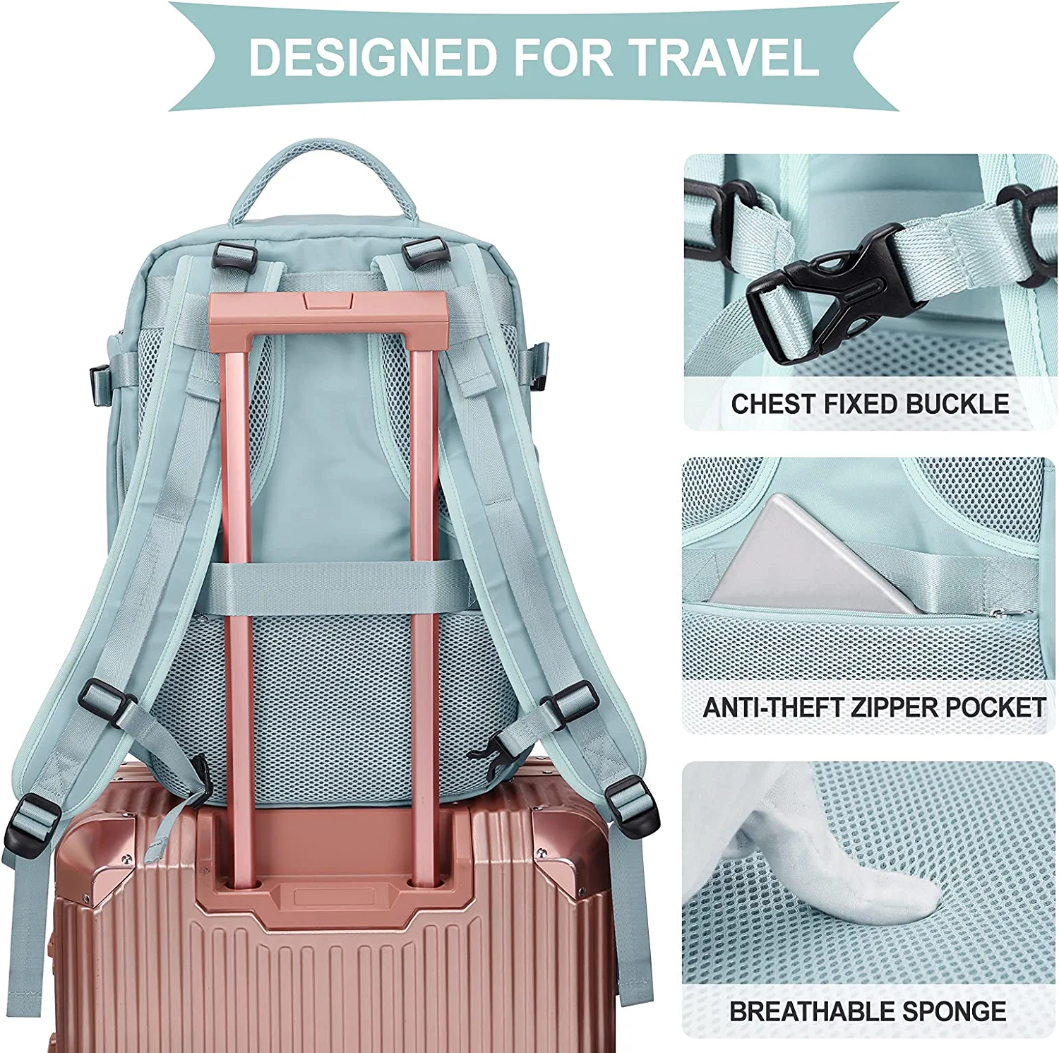 Large Backpack Women, Men Carry On Backpack,Hiking Backpack Waterproof Outdoor Sports Casual Daypack with Shoe Compartment ,Large Capacity Student School Bag Light Blue