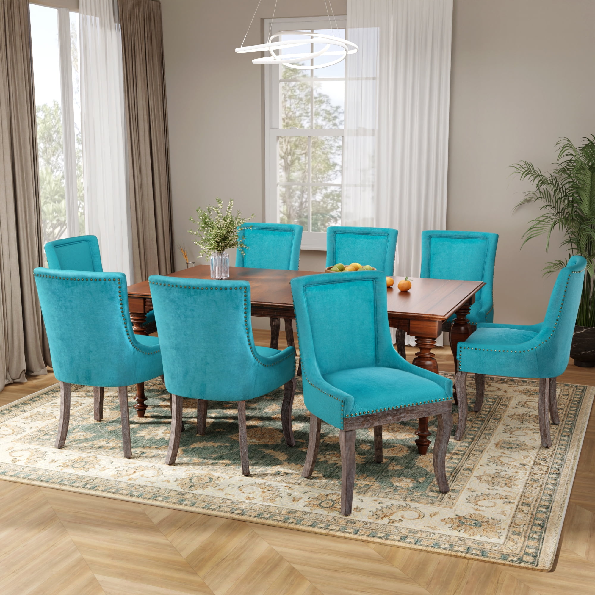 DONICK Vintage Fabric Upholstered Dining Chairs,Solid Wood Kitchen Dining Room Chairs with Nailheads Solid Wood Legs (Blue,Set of 2)
