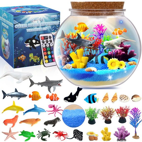 Ocean Light Up Terrarium Craft Kit for Kids - LED Night Light Birthday Gift for Boys & Girls Ages 4 5 6 7 8-12, Ocean Themed Toys for Kids