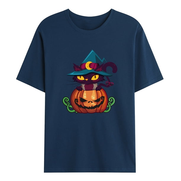 Camiseta de manga corta con estampado de jersey de Halloween de cuello redondo de moda informal para hombre Pompotops oipoqjl33386