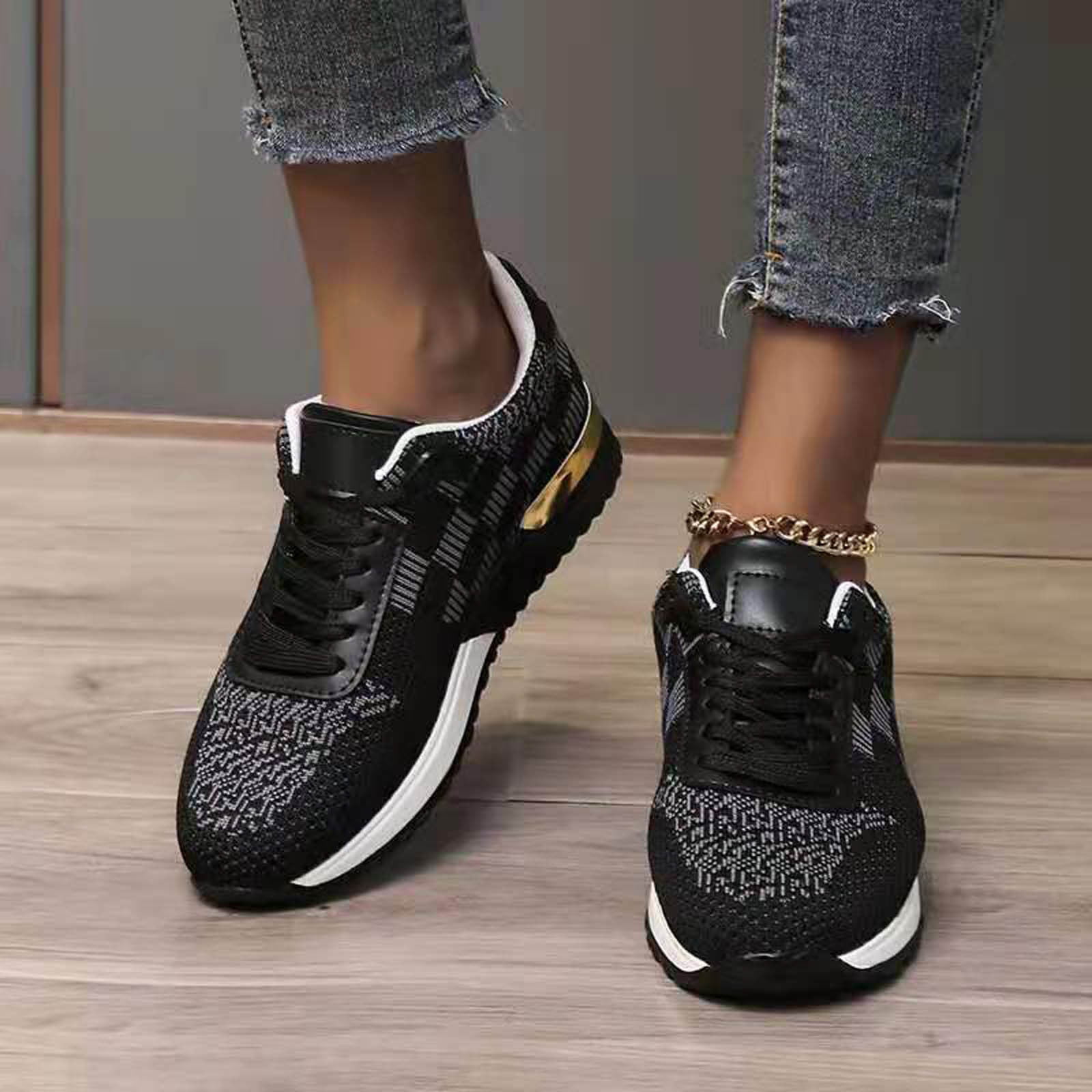 asdoklhq Women Sneakers Clearance Under $15,Autumn New Style Casual Plaid  Color Matching Women's Sports Wind Mesh Single Shoes 