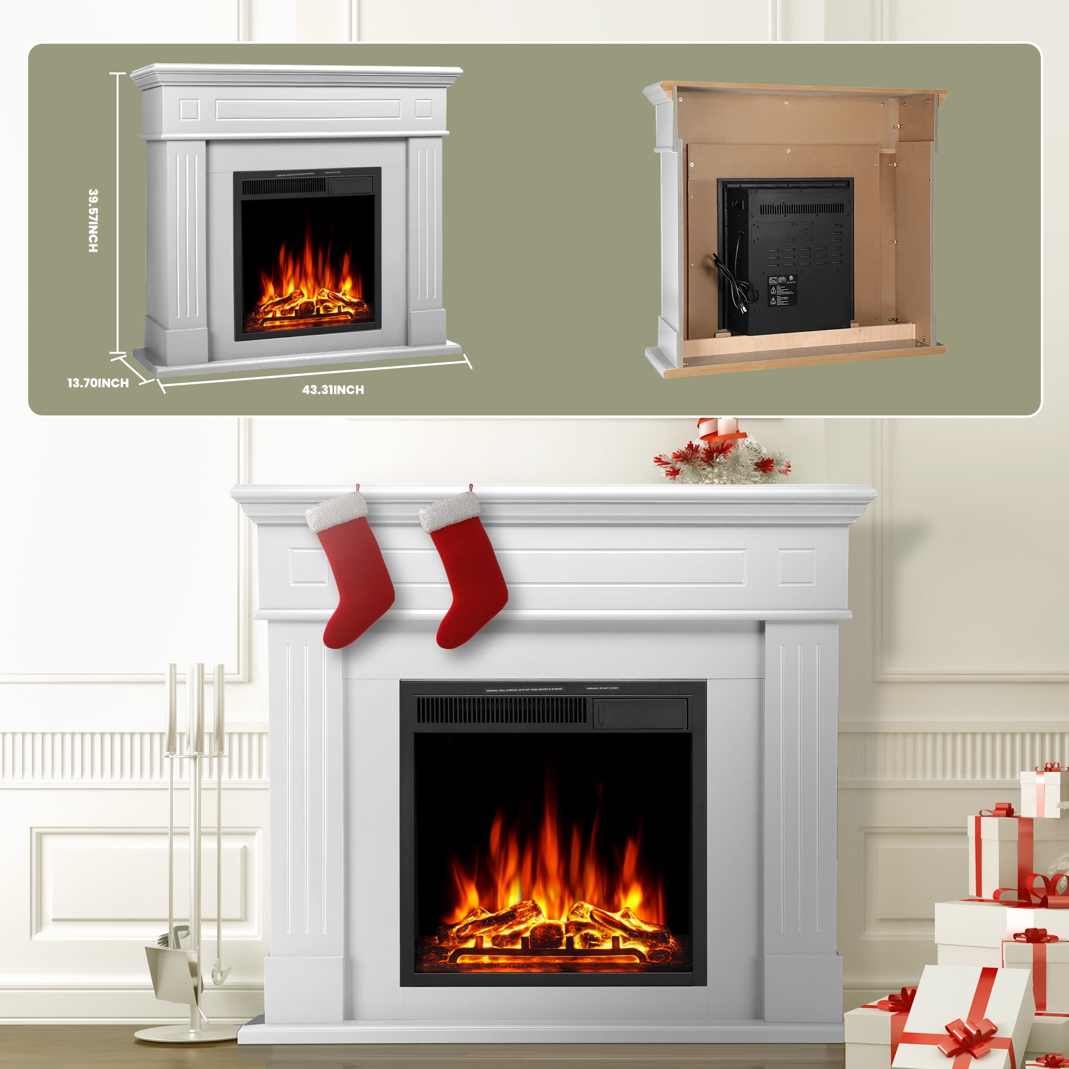 KISSAIR Electric Fireplace Mantel Package Wooden Surround Firebox Electric Fireplace Heater with Logs, Adjustable Led Flame, Remote Control for Room, 750W-1500W, Pearlwhite