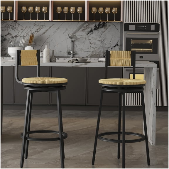 Set of 2 Farmhouse Bar Stools with Swivel Seat, Handwoven Paper Rope Upholstery, Back Support, for Kitchen Island Counter Height Dining