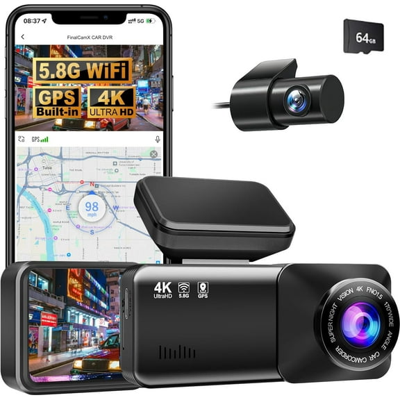 Dashcam Pro 4K Wireless Car Dash Cam Front and Rear, Built-in Wi-Fi GPS, Included 64GB Card, 170° Wide Angle Lens, with 24H Parking Monitor, UHD Night Vision, G-Sensor, Loop Recording for Car