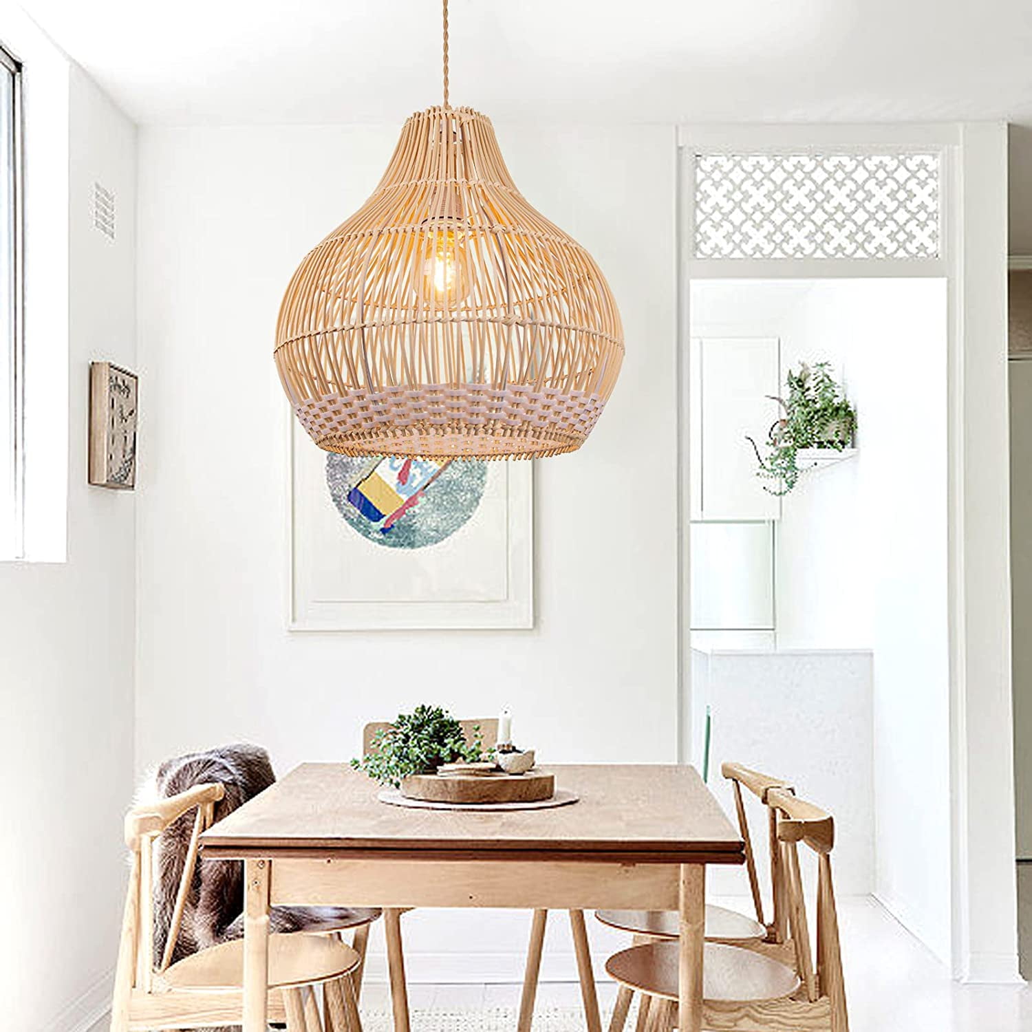 Arturesthome Coastal Rattan Pendant Light Round Lamp Wicker Chandelier Handmade Woven Hanging Ceiling Lighting Fixtures Lampshade