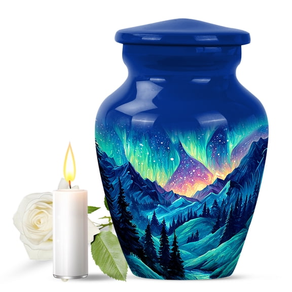 JAGASY Northern Lights Urn for Ashes Adult Male, Dark Blue Small Urns for Human Ashes Keepsake, Starry Sky Decorative Urns for Mother, Mountain Cremation Urn for Father, (3 Inch)