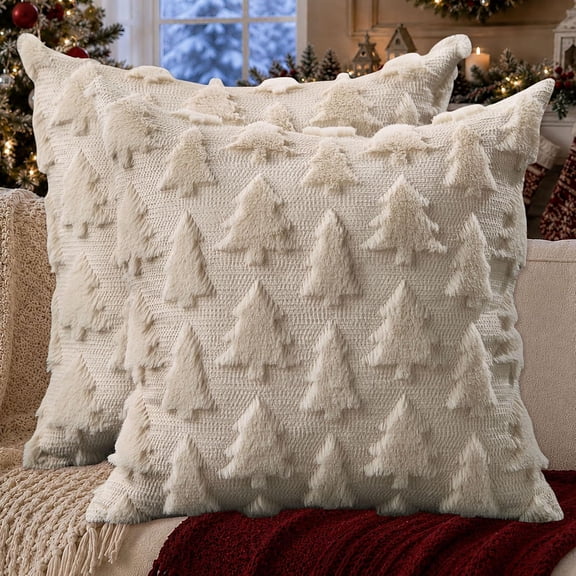 Christmas Tree Pillow Covers 18x18 Set of 2 Christmas Decor Beige