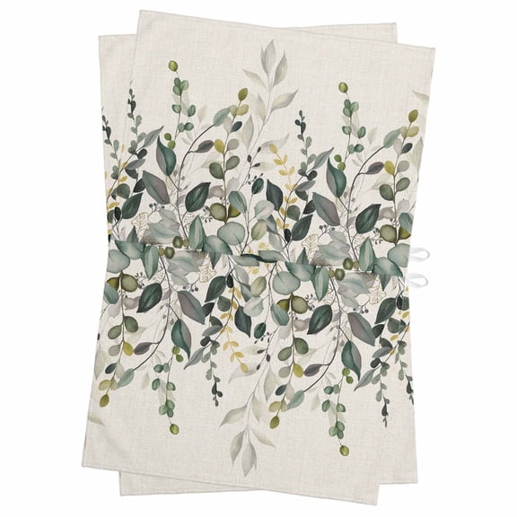 Green Eucalyptus Kitchen Towels Set of 2, Water Absorbent Dish Towel, Farmhouse Weeping Leaves on Linen Decorative Hand Towels - Quick Drying Cloth for Cooking Baking, 18x28 Inch