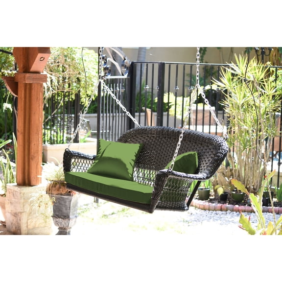 Jeco Espresso Resin Wicker Porch Swing with Hunter Green Cushion
