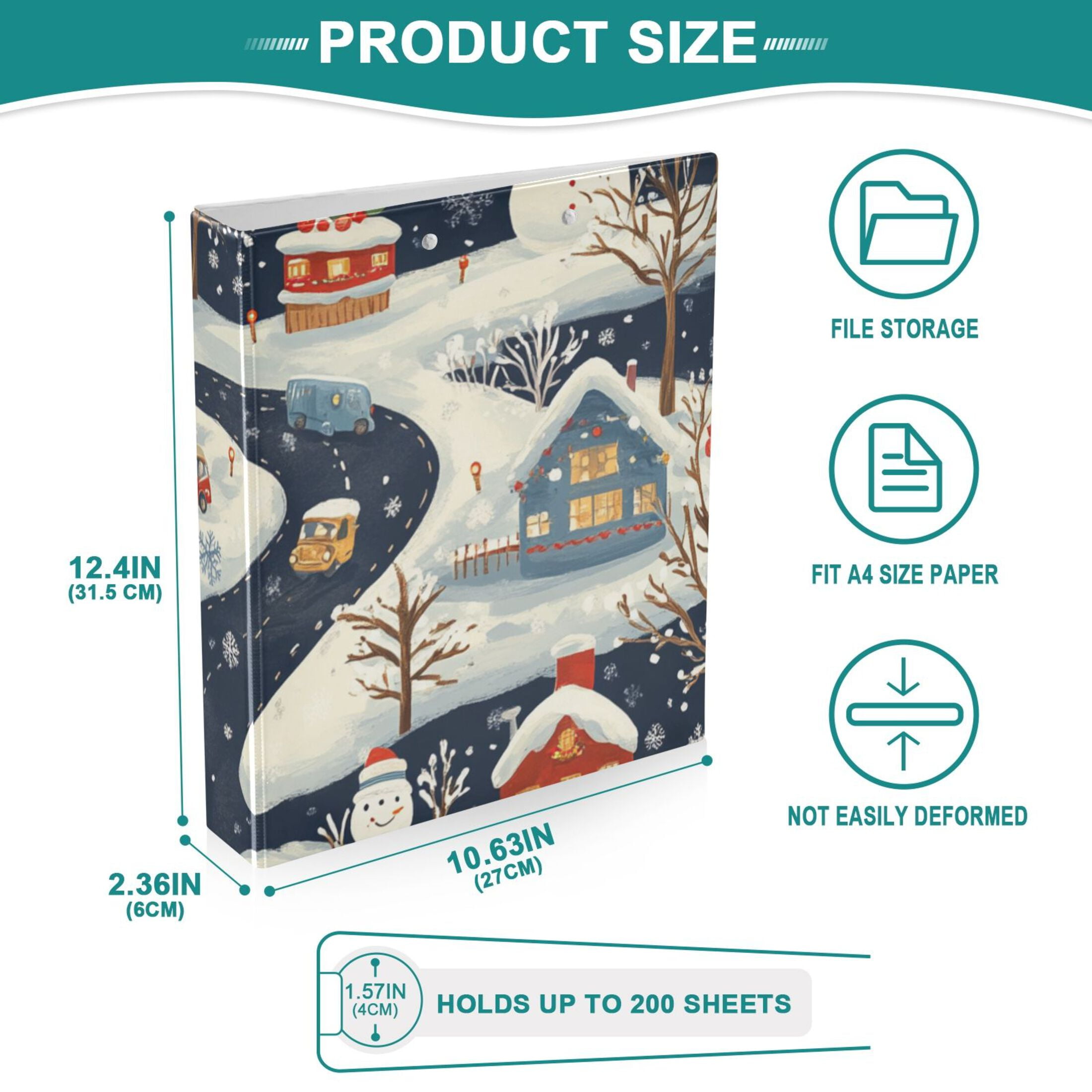 Houses Snowman Cars 3 Ring Binders 1.5 inch Hardcover File Folders with Interior Pockets A4 Size Organizer for School Office Hospital