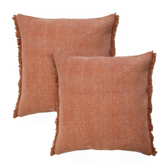 LR Home Nellie Set of 2 Boho Fringed 20" x 20" Orange Cotton Adult Decorative Throw Pillows