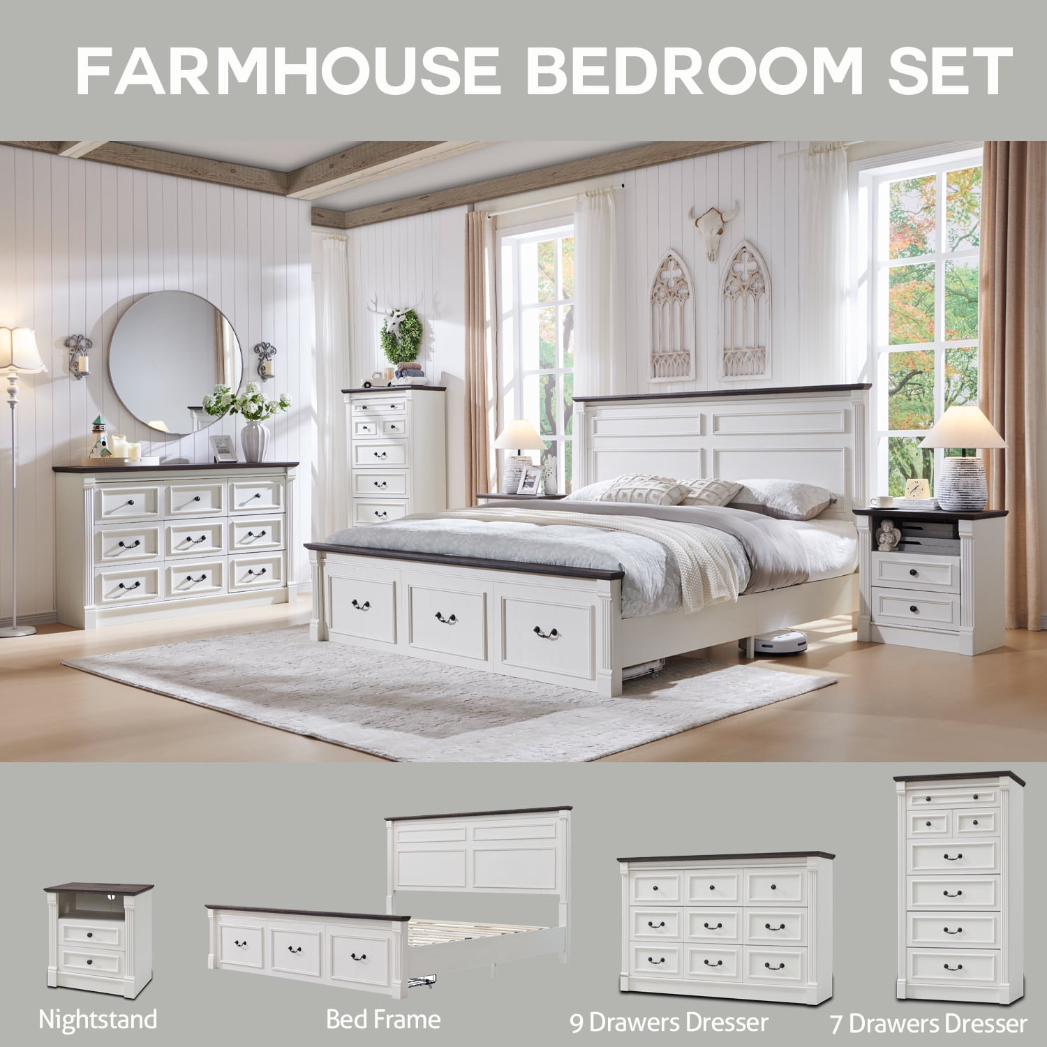 wow97e Farmhouse Nightstand set of 2, End Table w/Charging Station, Roman Column, Wood Rustic Bedside Table w/Open Shlef for Bedroom