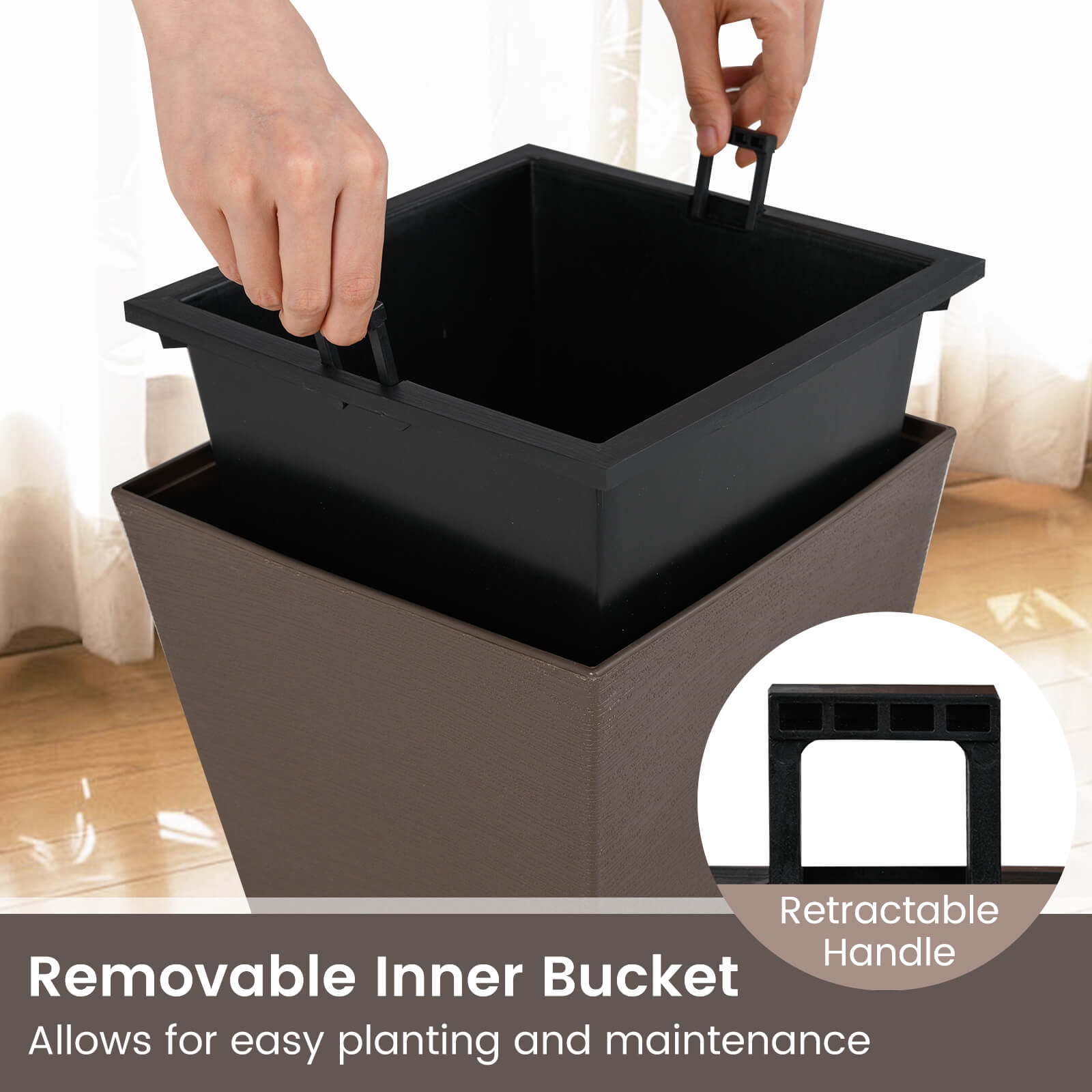 Costway 14" Square Taper Planter Set of 2 with Removable Inner Bucket & Drainage Holes