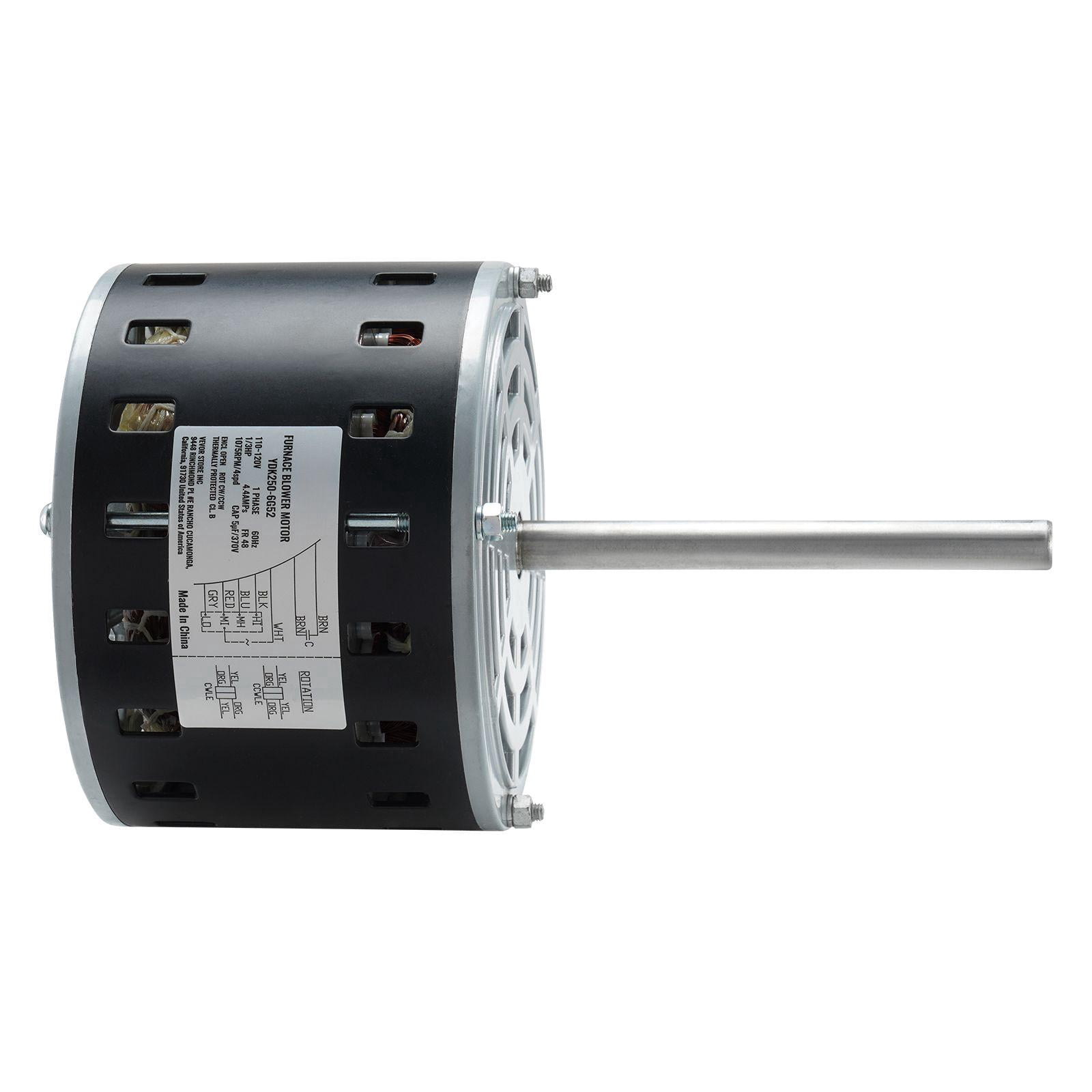 1/3 HP Furnace Blower Motor 110 120V 4.4 Amps 1075 RPM 4 Speeds CW CCW Rotation 48 Frame 5.2 Inch Shaft Length 5μF 370V Capacitor with 11 Inch Hold Hoop