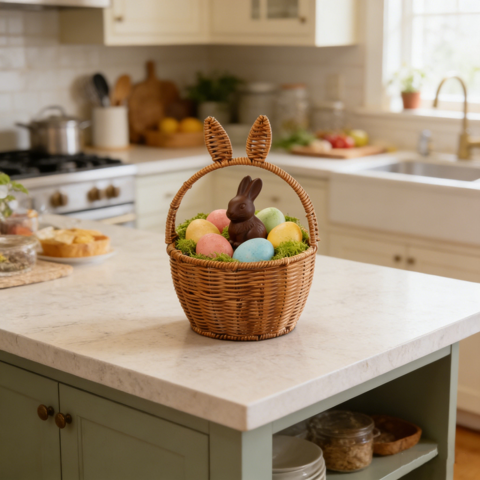 Lunxisen 4 Pcs Easter Bunny Woven Basket for Party Favors, Easter Candy Eggs Baskets Cute Rabbit Picnic Hamper