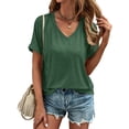 thumbnail image 3 of Liher V Neck T Shirts for Women Basic Summer Tops Loose Fit Shirts Casual Solid Tunic Blouse Top Roll Short Sleeve Shirts Tee Dark Green XL, 3 of 6