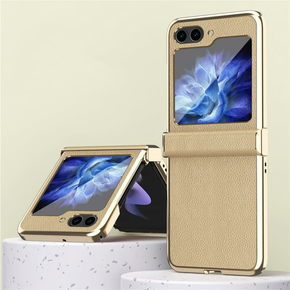 ELEHOLD Plating Case for Samsung Galaxy Z Flip 5 2023, Premium PU Leather Lychee Pattern with Hinge Protection Metal Bumper Slim Lightweight Folding Case for Samsung Galaxy Z Flip 5, Gold