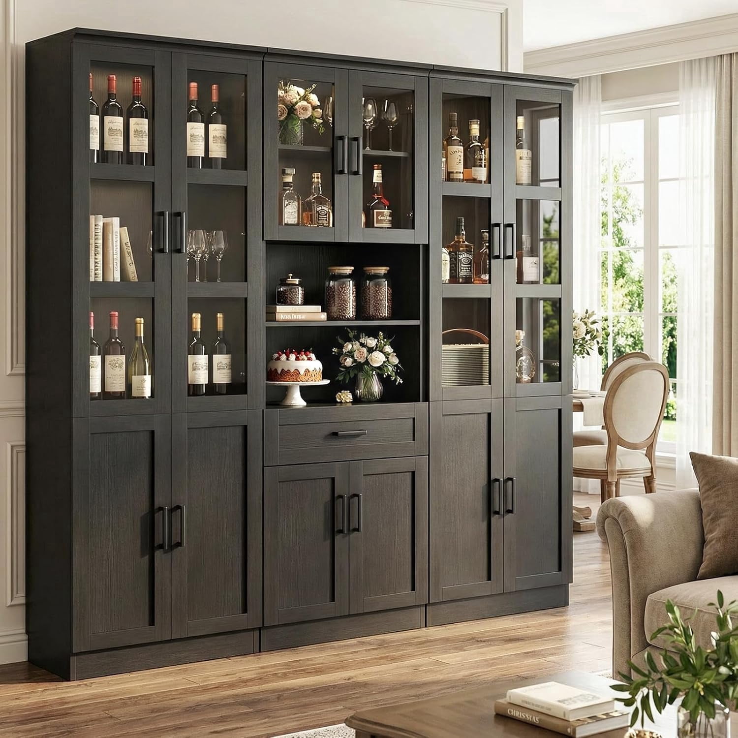 Homieasy 79.7'' Tall Pantry Cabinet 3-Piece Set - 70.8'' Width Kitchen Hutch Cabinet with Drawer and Adjustable Shelves, Suitable for Dining/Kitchen/Living Room, Black