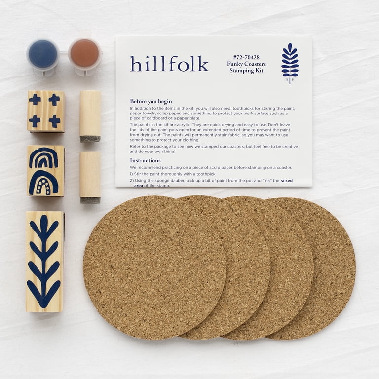 Hillfolk Stamped Coaster Kit- Includes Wood Stamps, 4 Cork