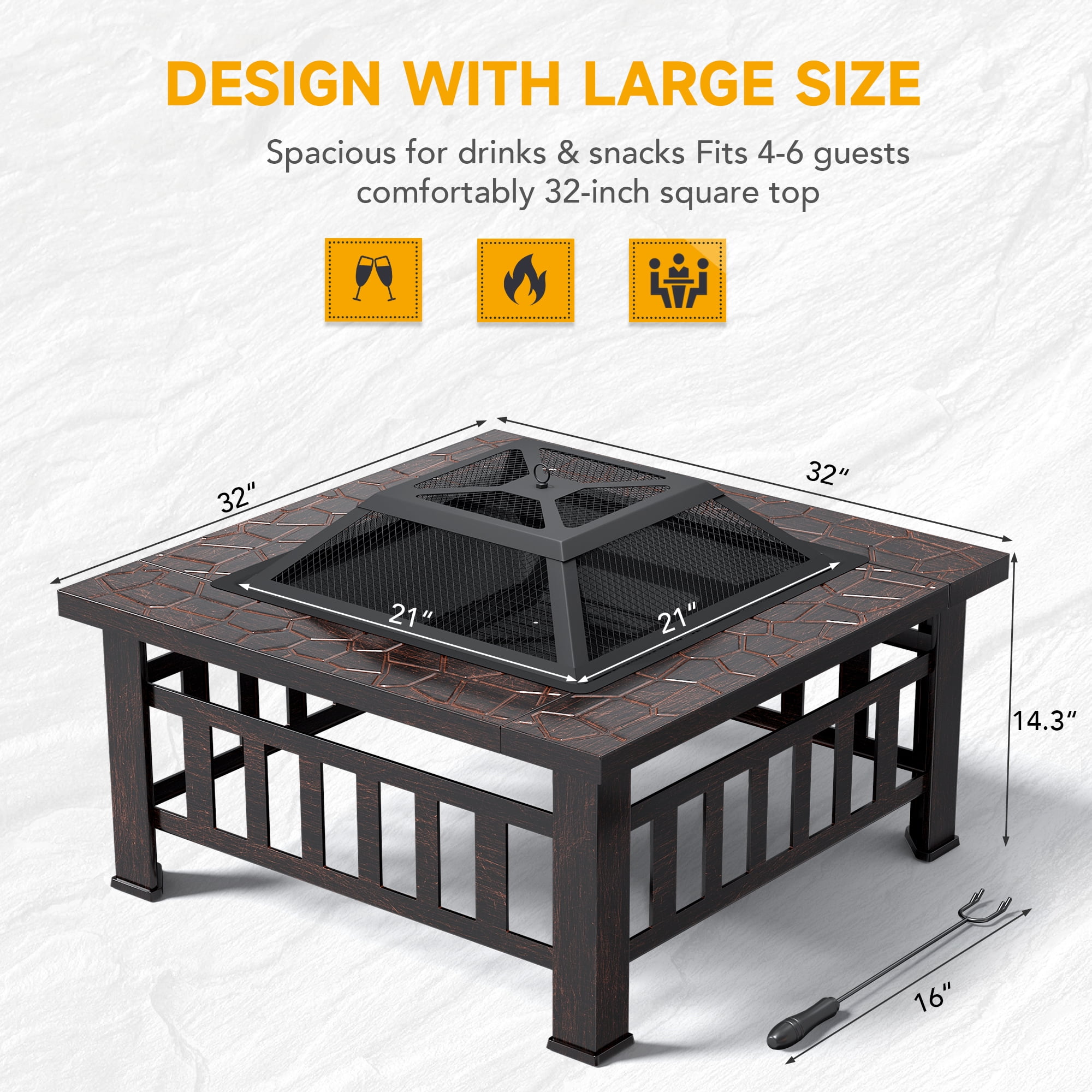 Lacoo 32" Patio Square Fire Pit Table for Patio Backyard BBQ, Ice Storage with Mesh Lid, Poker and Cover, Brown
