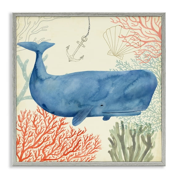 Stupell Industries Underwater Whimsical Whale Watercolor Animals & Insects Painting Gray Framed Art Print Wall Art, 12 x 12
