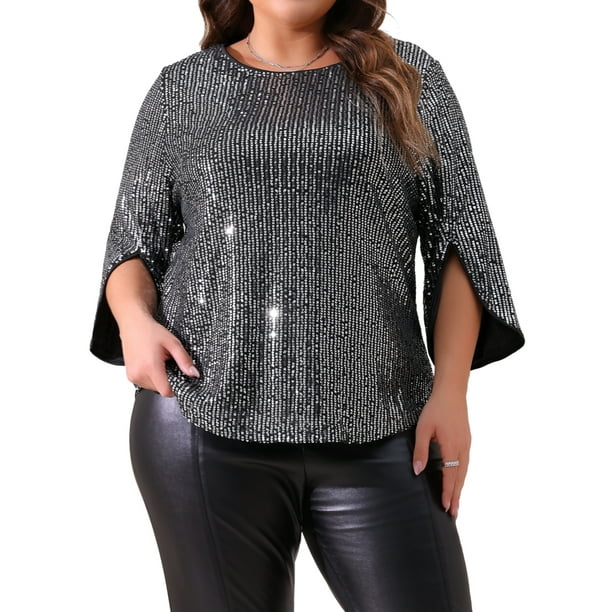 Agnes Orinda Blusas de Talla Grande para Mujeres con Lentejuelas Brillantes de Manga 3/4 y Cuello Redondo, Blusa de Fiesta con Brillo 2025 1X Negra