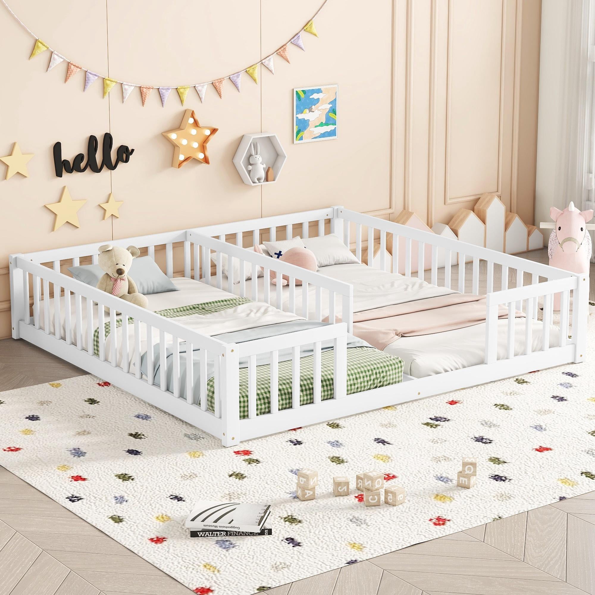 PORKISS Twin Size Floor Bed for Kids, Double Wood Montessori Bed Frame with Fence, White