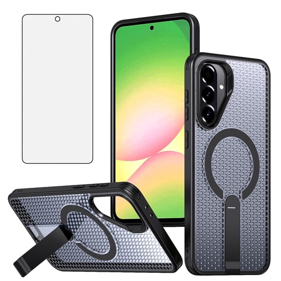 Asuwish Kickstand Hard Shell Slim Cell Phone Case with Tempered Glass Screen Protector for Samsung Galaxy A37, Black