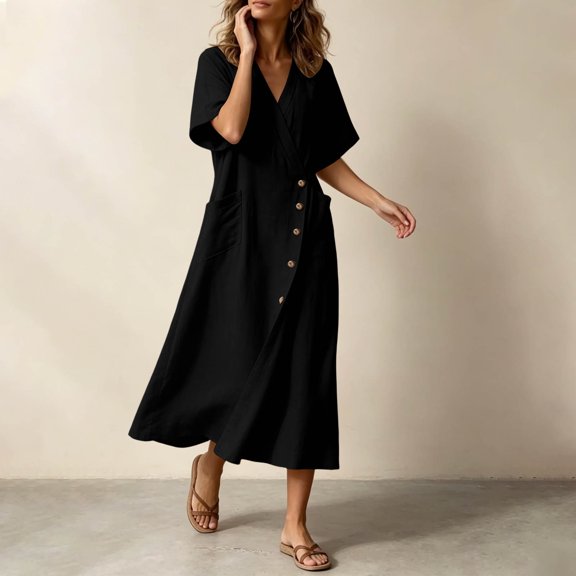 Josdec Women's Wrap V-Neck Short Sleeve Linen Maxi Dress Button Detail with Side Pocket Solid Color Casual for Beach Vacation Wear S-XXL