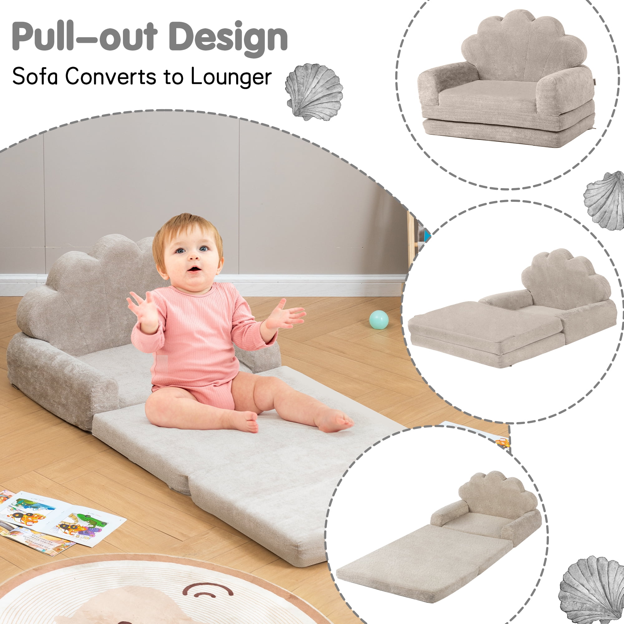spanspace Toddler Couch, 2-in-1 Soft Sherpa Toddler Couch Fold Out, Toddler Chair Comfy, Convertible Sofa to Lounger with Cute Shell Designs, Grey