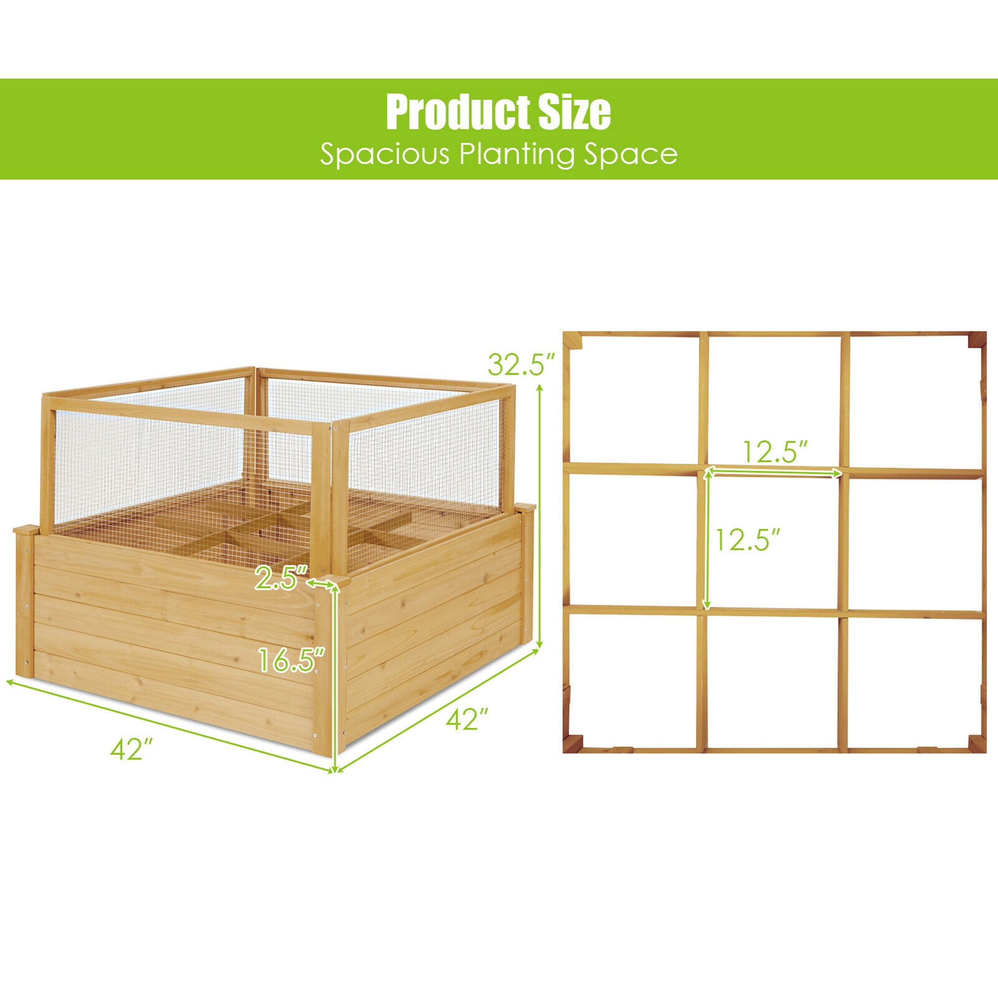 Gymax Raised Garden Bed Guard Fence Wooden Garden Box with 9 Grids & Critter