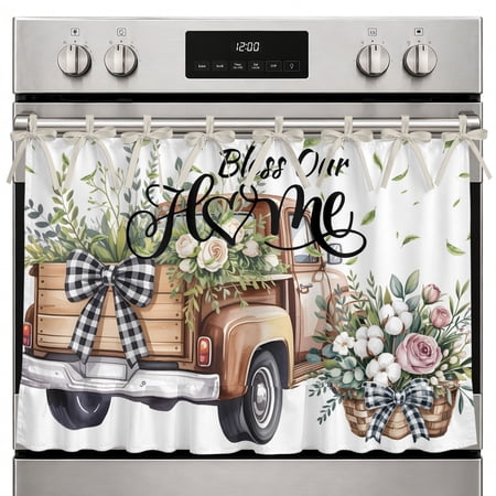 Farmhouse Oven Skirt Curtain Truck Spring Floral Oven Curtain Tie Top Pink Green Flowers Watercolor Stove Skirt Curtains with Ties&Ruffle Trim Dishwasher Skirts Curtains Cover for Cabinet 27 x20