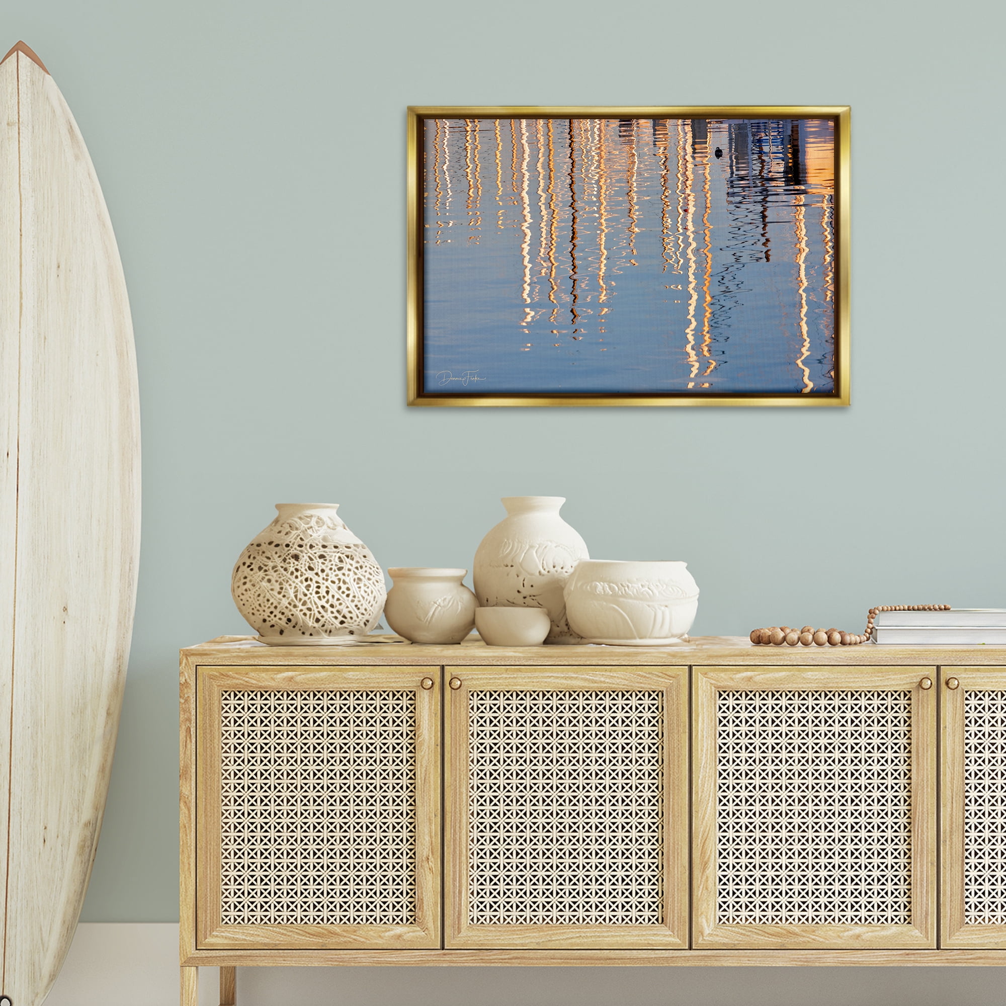 Stupell Industries Beach Post Reflections Coastal Photography Gold Floater Framed Canvas Art Print Wall Art, 31 x 21