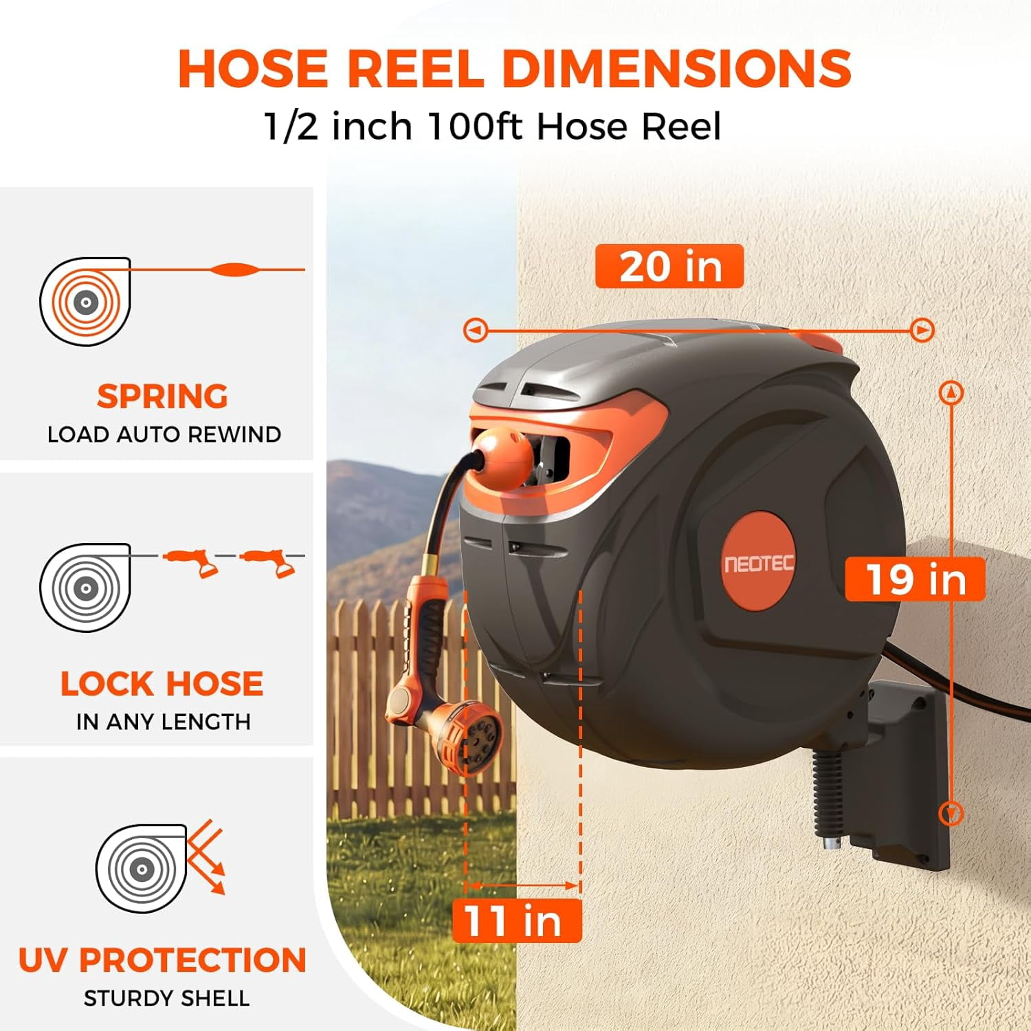 NEOTEC 100ft 1/2 Inch Retractable Garden Hose Reel-Wall Mounted Auto Slow Return Hose Reel with Any-Length Lock, 180° Swivel Bracket-Heavy Duty 3-Layer PVC Hose for Yard
