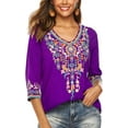 thumbnail image 2 of Women's Boho Embroidered Peasant Tops 3/4 Sleeve V Neck Mexican Bohemian Shirts  Summer Shirts, 2 of 6