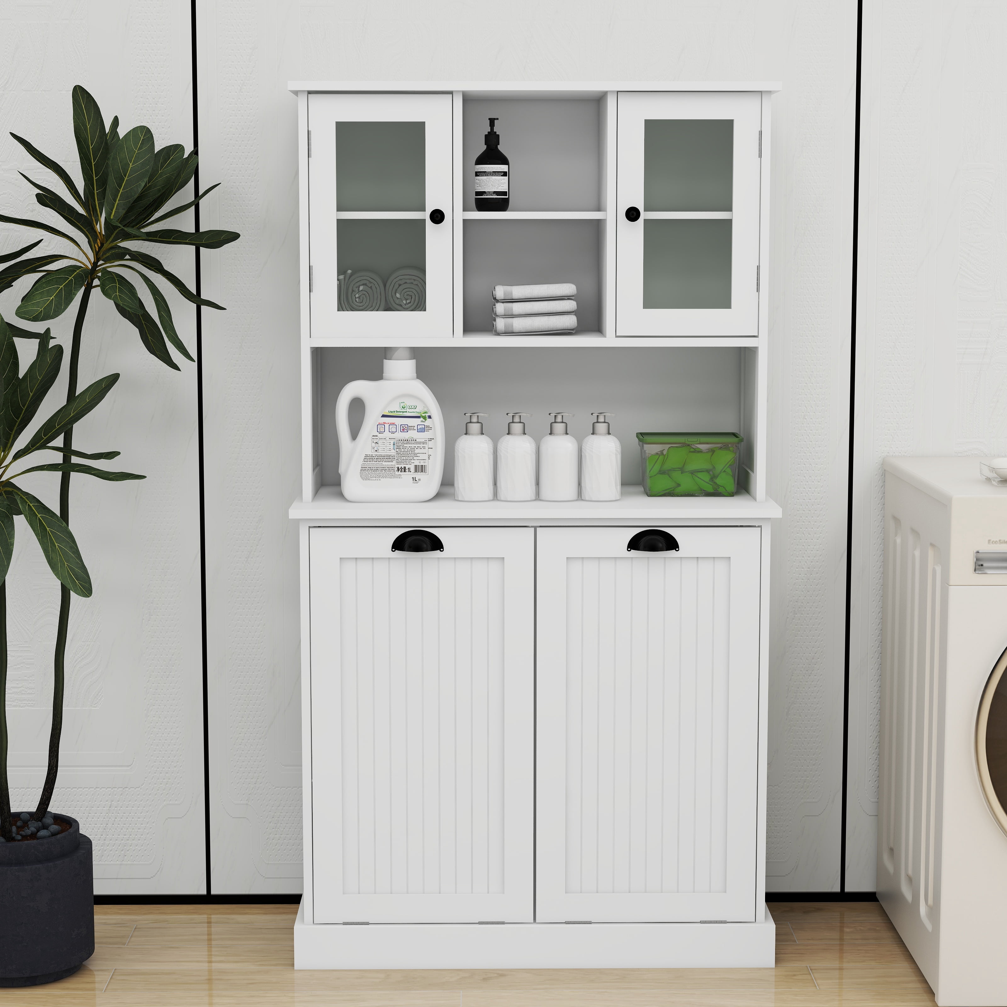 Mintazer Laundry Hamper Cabinet with 2 Compartment Tilt-Out Removable Laundry Baskets and Adjustable Shelves for Bathroom Laundry Room,White