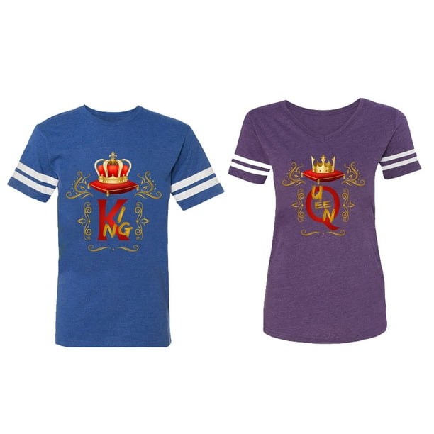 King Queen Gold Crown Matching Couple Cotton Jerseys (Men Royal / Women