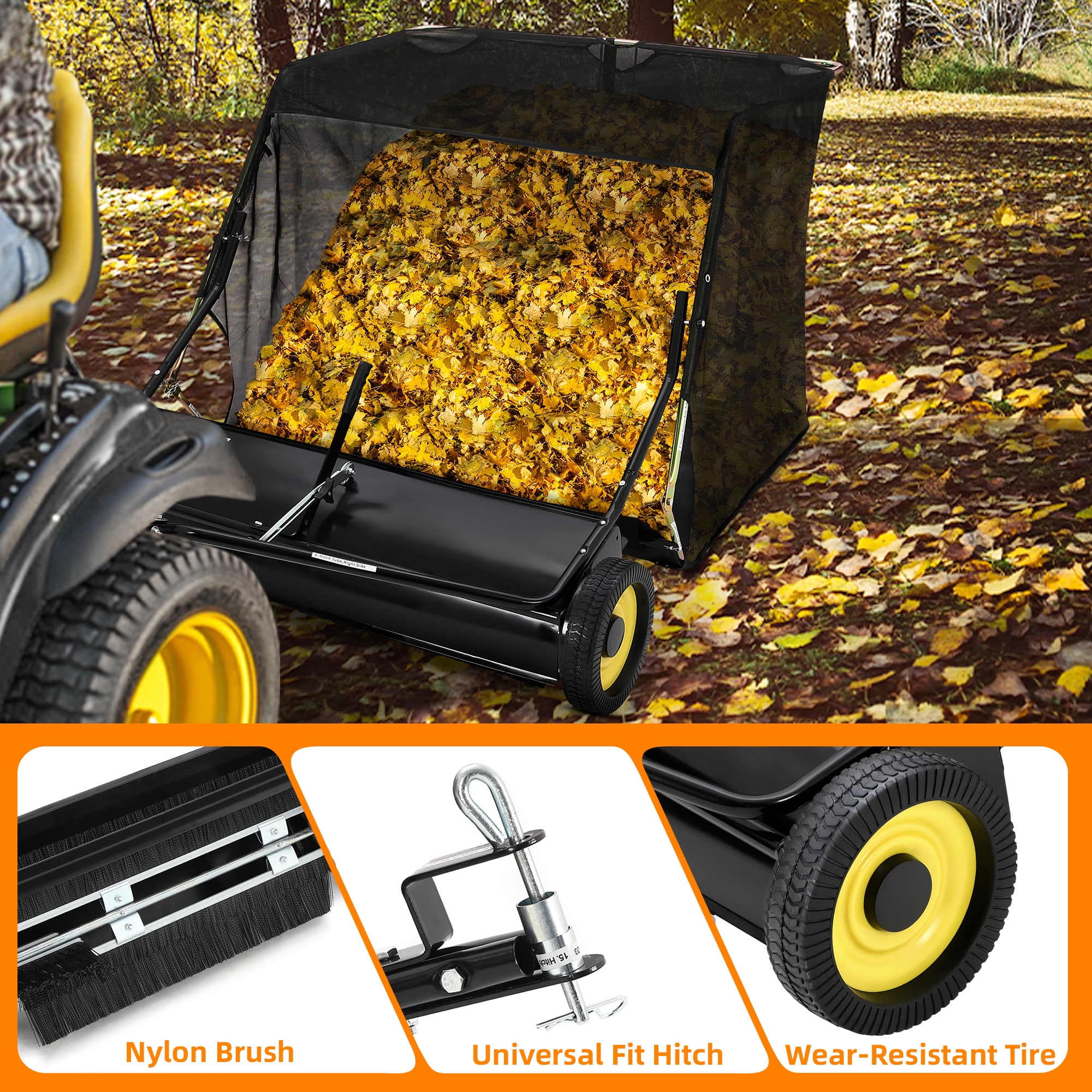 44 Inch Lawn Sweeper Tow Behind, Pull Behind Leaf Sweeper for Lawn Leaf Collector with Adjustable Height and Easy Dumping